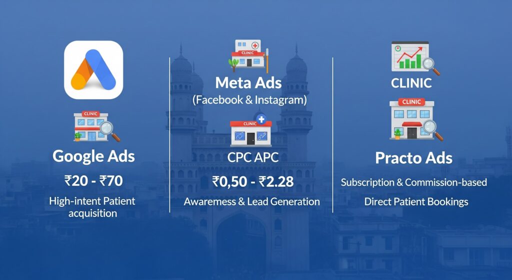 Google ad vs meta ad vs Practo ad